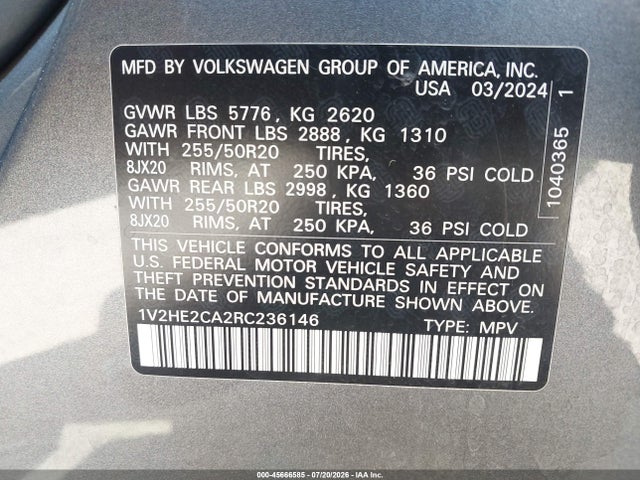 Продаж на аукціоні авто 2024 Volkswagen Atlas Cross Sport 2.0t Se W/technology, vin: 1V2HE2CA2RC236146, номер лоту: 45666585