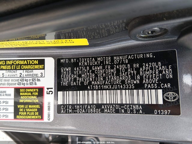 2018 Toyota Camry Le მანქანა იყიდება აუქციონზე, vin: 4T1B11HKXJU143335, აუქციონის ნომერი: 45666586