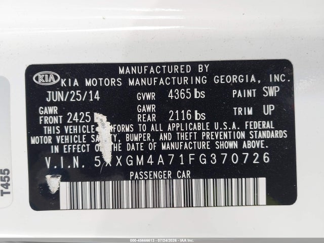 Продажа на аукционе авто 2015 Kia Optima Lx, vin: 5XXGM4A71FG370726, номер лота: 45666613