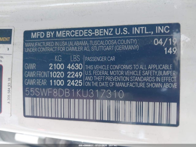 55SWF8DB1KU317310 Mercedes-Benz C 300