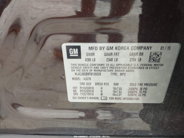 45666632 :رقم المزاد ، KL4CJBSB9FB126529 vin ، 2015 Buick Encore Convenience مزاد بيع