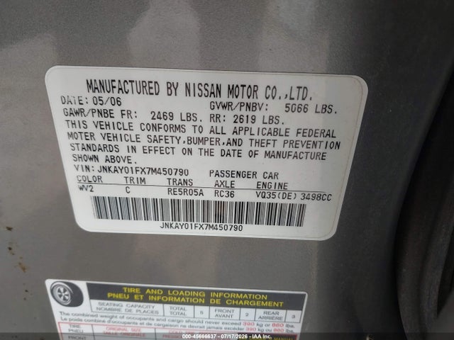 45666637 :رقم المزاد ، JNKAY01FX7M450790 vin ، 2007 Infiniti M35x مزاد بيع