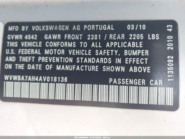 45666640 :رقم المزاد ، WVWBA7AH4AV018136 vin ، 2010 Volkswagen Eos Komfort مزاد بيع