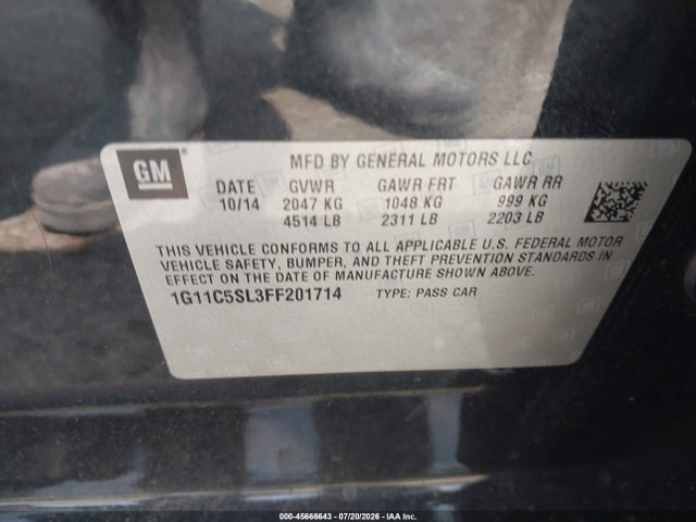 Продаж на аукціоні авто 2015 Chevrolet Malibu 1lt, vin: 1G11C5SL3FF201714, номер лоту: 45666643