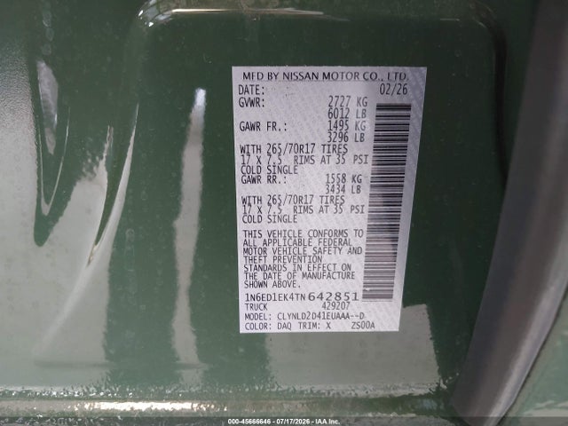 1N6ED1EK4TN642851 Nissan Frontier Pro-4x 4x4