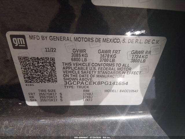 2023 Chevrolet Silverado 1500 2wd  Short Bed Lt მანქანა იყიდება აუქციონზე, vin: 3GCPACEK8PG141654, აუქციონის ნომერი: 45666647
