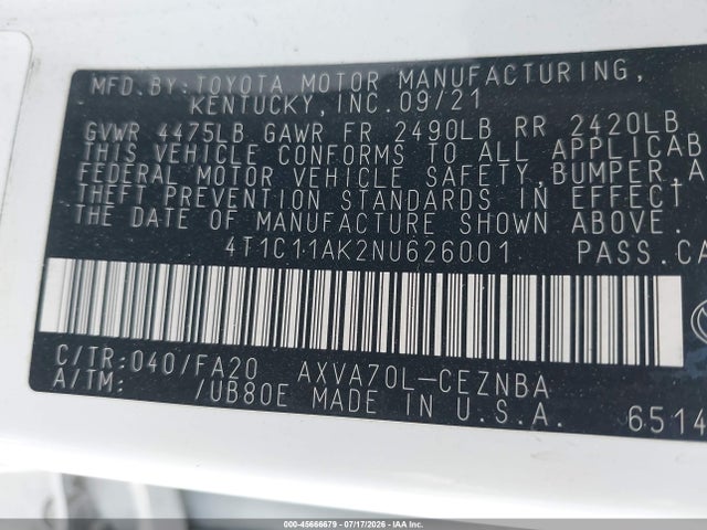 4T1C11AK2NU626001 Toyota CAMRY LE