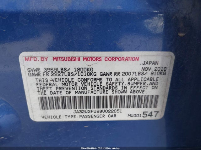 2011 Mitsubishi Lancer Es მანქანა იყიდება აუქციონზე, vin: JA32U2FU8BU022051, აუქციონის ნომერი: 45666700