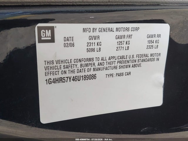 2006 Buick Lucerne Cxl მანქანა იყიდება აუქციონზე, vin: 1G4HR57Y46U189086, აუქციონის ნომერი: 45666704