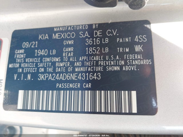 Aukcja sprzedaży 2022 Kia Rio S, vin: 3KPA24AD6NE431643, numer aukcji: 45666707