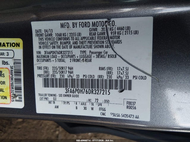 Aukcja sprzedaży 2013 Ford Fusion Se, vin: 3FA6P0H76DR327215, numer aukcji: 45666714
