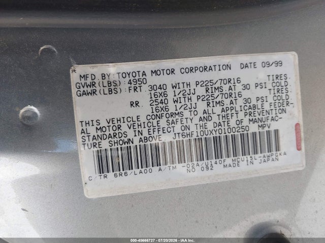 45666727 :رقم المزاد ، JT6HF10UXY0100250 vin ، 2000 Lexus Rx 300 مزاد بيع