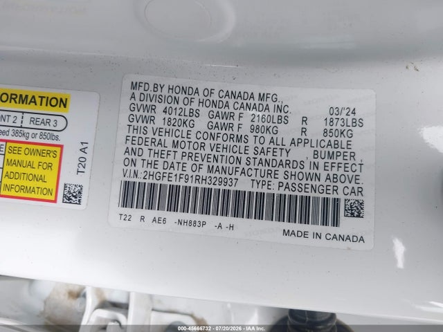 Honda Civic Touring 2024 2HGFE1F91RH329937 Image 9