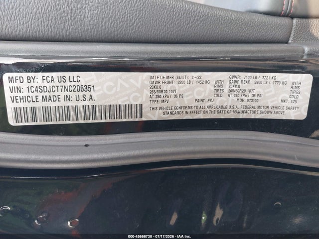 1C4SDJCT7NC206351 Dodge Durango R/t Awd