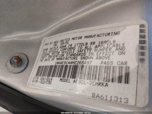 45666762 :رقم المزاد ، 1NXAE91A4MZ265497 vin ، 1991 Toyota Corolla مزاد بيع