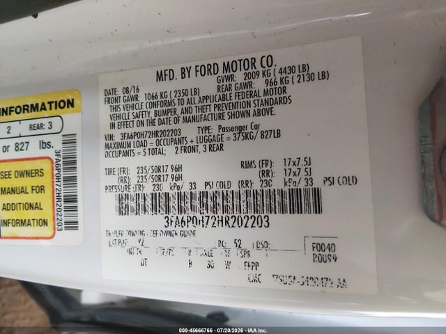 Ford FUSION SE 2017 3FA6P0H72HR202203 Image 9