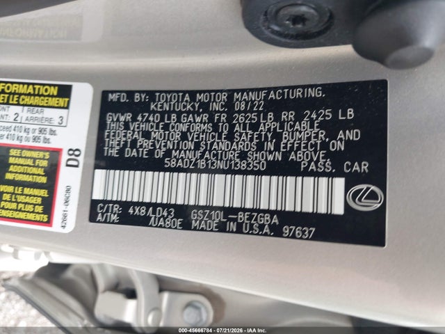 Продажа на аукционе авто 2022 Lexus Es 350, vin: 58ADZ1B13NU138350, номер лота: 45666784