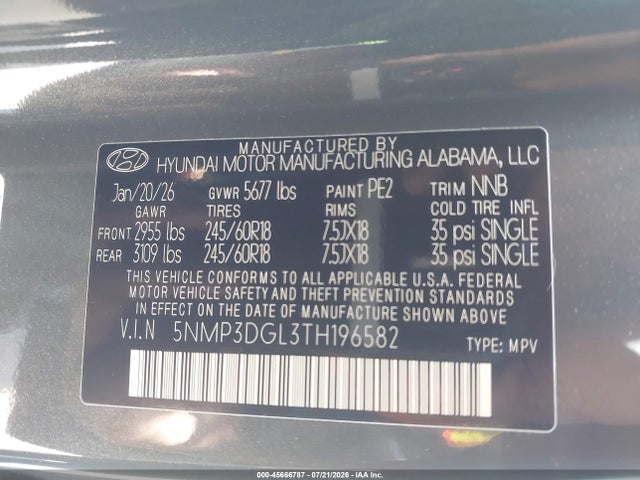 2026 Hyundai Santa Fe Xrt მანქანა იყიდება აუქციონზე, vin: 5NMP3DGL3TH196582, აუქციონის ნომერი: 45666787