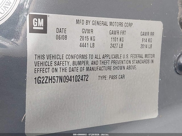 45666802 :رقم المزاد ، 1G2ZH57N094102472 vin ، 2009 Pontiac G6 Gt مزاد بيع