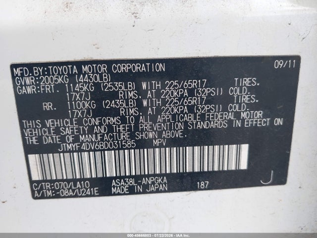 Продаж на аукціоні авто 2011 Toyota Rav4 Limited, vin: JTMYF4DV6BD031585, номер лоту: 45666803