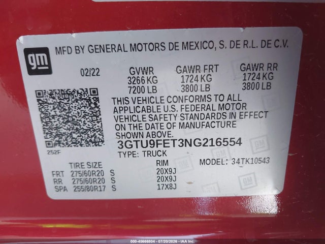 Aukcja sprzedaży 2022 Gmc Sierra 1500 Limited 4wd  Short Box Denali, vin: 3GTU9FET3NG216554, numer aukcji: 45666804