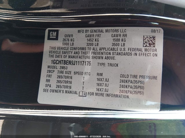 Aukcja sprzedaży 2018 Chevrolet Colorado Wt, vin: 1GCHTBEN9J1117176, numer aukcji: 45666811