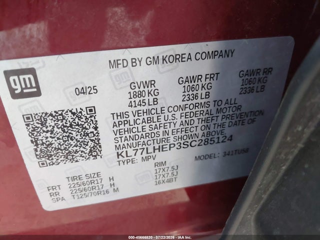 Продаж на аукціоні авто 2025 Chevrolet Trax Fwd Lt, vin: KL77LHEP3SC285124, номер лоту: 45666820