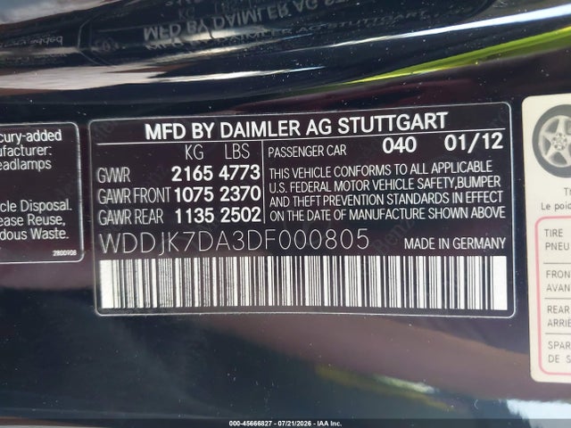 45666827 :رقم المزاد ، WDDJK7DA3DF000805 vin ، 2013 Mercedes-benz Sl 550 مزاد بيع