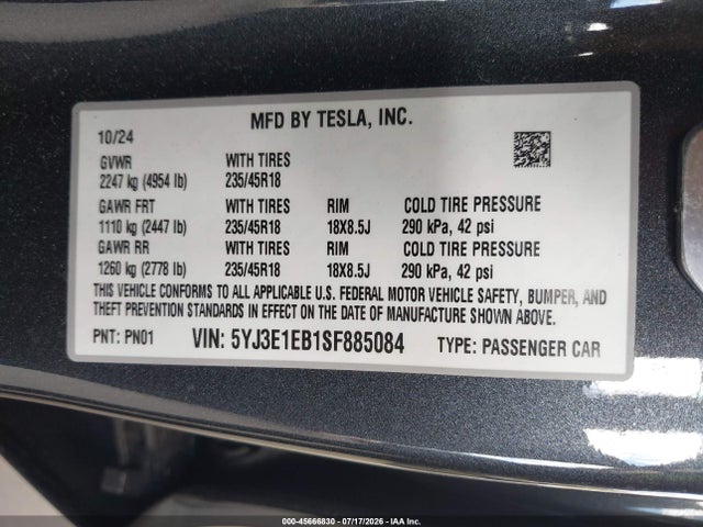 45666830 :رقم المزاد ، 5YJ3E1EB1SF885084 vin ، 2025 Tesla Model 3 Long Range All-wheel Drive مزاد بيع