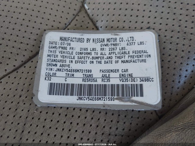 Продаж на аукціоні авто 2006 Infiniti G35, vin: JNKCV54E66M721599, номер лоту: 45666843