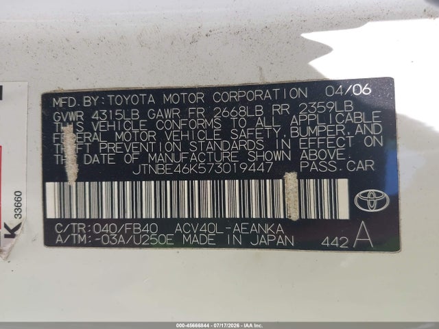 Продажа на аукционе авто 2007 Toyota Camry Ce/le/se/xle, vin: JTNBE46K573019447, номер лота: 45666844