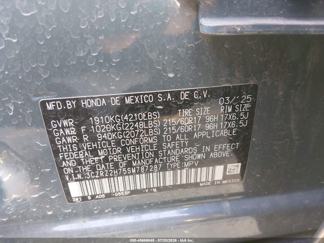 Продажа на аукционе авто 2025 Honda Hr-v Awd Ex-l, vin: 3CZRZ2H75SM787287, номер лота: 45666848
