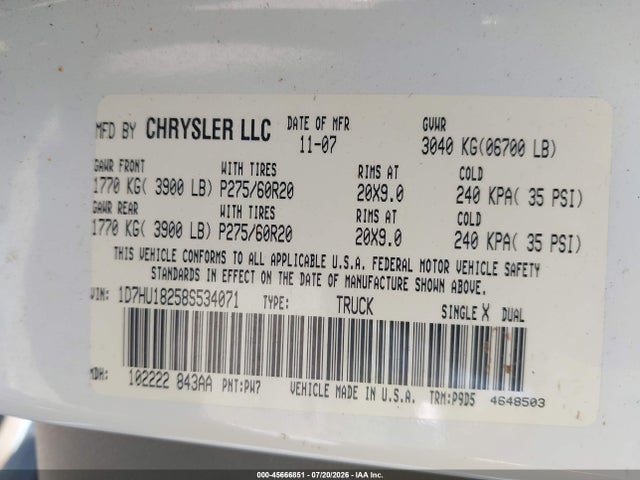 Aukcja sprzedaży 2008 Dodge Ram 1500 Slt, vin: 1D7HU18258S534071, numer aukcji: 45666851