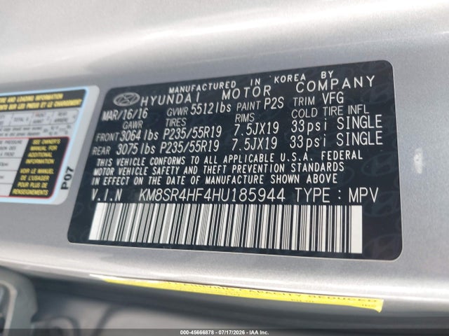 Продажа на аукционе авто 2017 Hyundai Santa Fe Limited Ultimate, vin: KM8SR4HF4HU185944, номер лота: 45666878