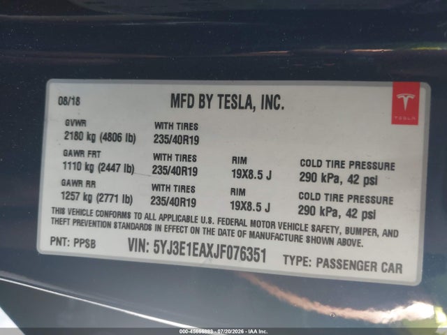 Tesla Model 3 Long Range/mid Range 2018 5YJ3E1EAXJF076351 Image 9