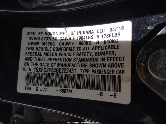 Honda Civic Lx 2016 19XFC2F54GE222431 Image 9