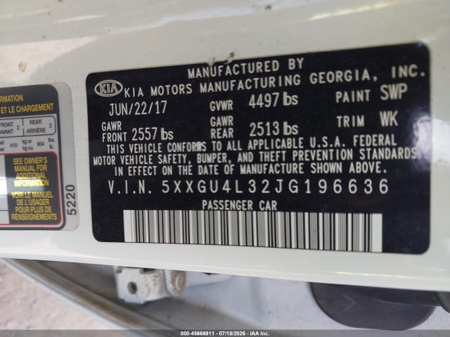 Aukcja sprzedaży 2018 Kia Optima Ex, vin: 5XXGU4L32JG196636, numer aukcji: 45666911