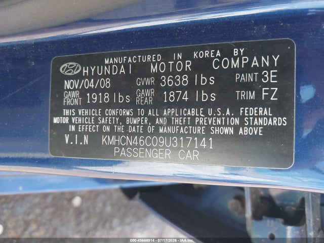 45666914 :رقم المزاد ، KMHCN46C09U317141 vin ، 2009 Hyundai Accent Gls مزاد بيع
