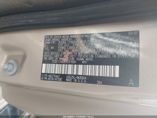Продаж на аукціоні авто 2007 Toyota Sequoia Sr5, vin: 5TDZT34A37S291894, номер лоту: 45666918