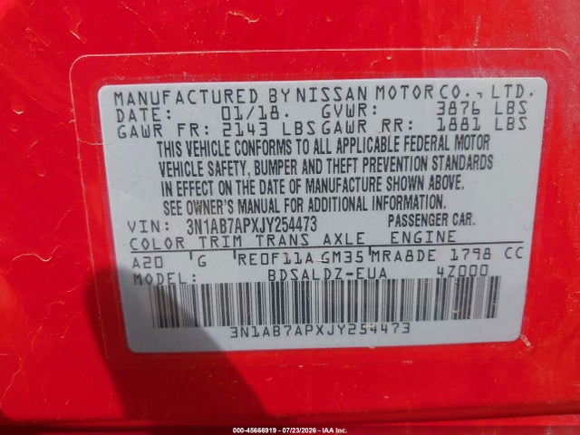 Nissan SENTRA SV 2018 3N1AB7APXJY254473 Image 9