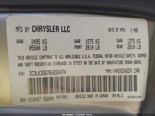 45666927 :رقم المزاد ، 2C3LK33G78H220474 vin ، 2008 Chrysler 300 Limited مزاد بيع