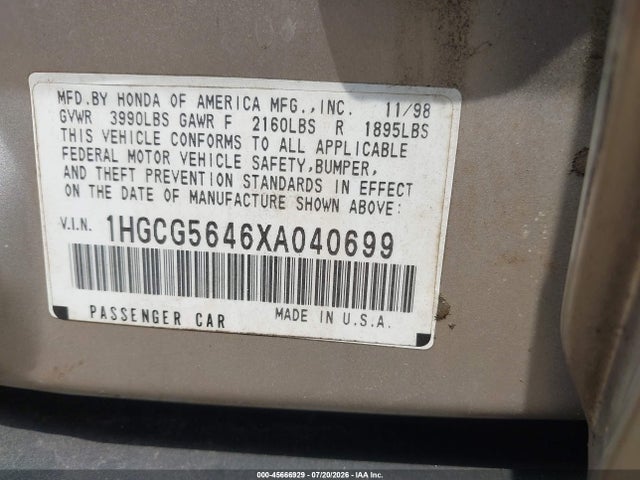 1999 Honda Accord Lx მანქანა იყიდება აუქციონზე, vin: 1HGCG5646XA040699, აუქციონის ნომერი: 45666929
