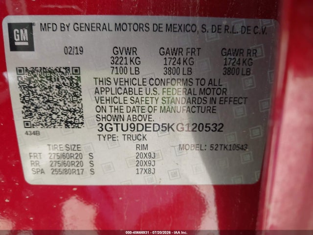Продажа на аукционе авто 2019 Gmc Sierra 1500 Slt, vin: 3GTU9DED5KG120532, номер лота: 45666931