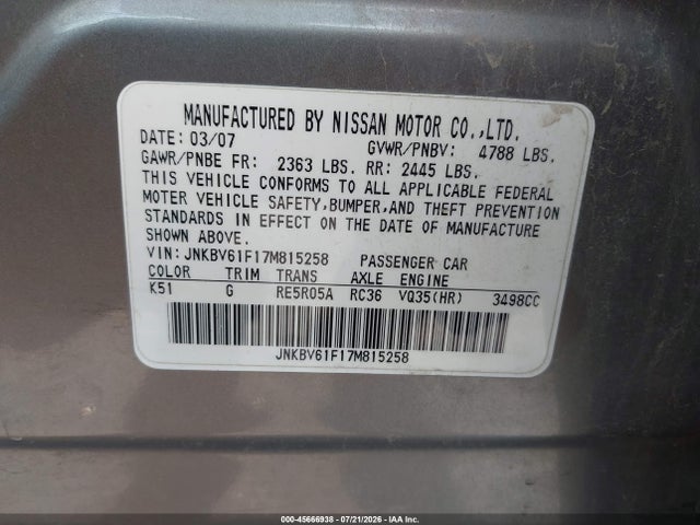 Aukcja sprzedaży 2007 Infiniti G35x, vin: JNKBV61F17M815258, numer aukcji: 45666938
