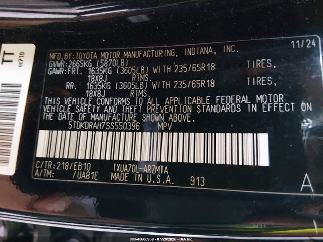 2025 Toyota Highlander Xle მანქანა იყიდება აუქციონზე, vin: 5TDKDRAH7SS550396, აუქციონის ნომერი: 45666939