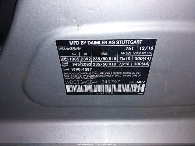 Продаж на аукціоні авто 2017 Mercedes-benz Gla 250 4matic, vin: WDCTG4GB4HJ349797, номер лоту: 45666943