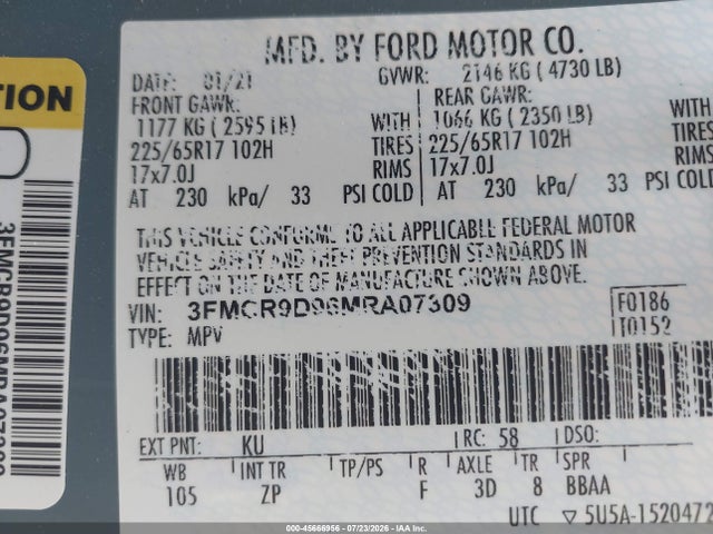 Продаж на аукціоні авто 2021 Ford Bronco Sport Badlands, vin: 3FMCR9D96MRA07309, номер лоту: 45666956
