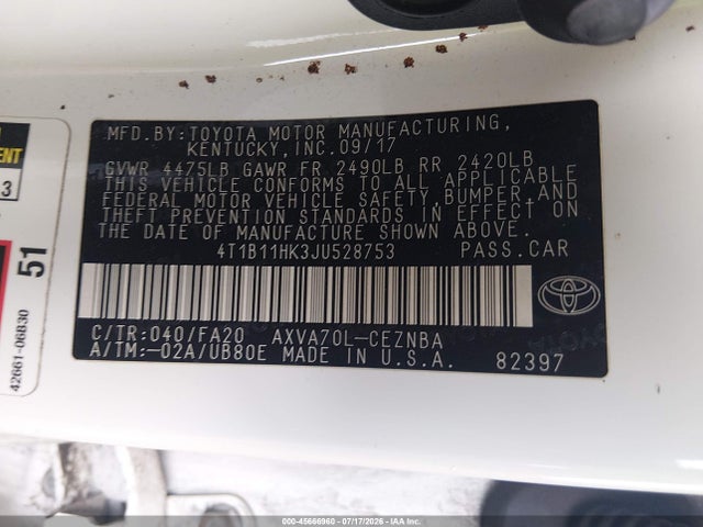4T1B11HK3JU528753 Toyota CAMRY LE
