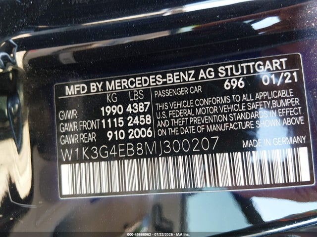 W1K3G4EB8MJ300207 Mercedes-Benz A 220