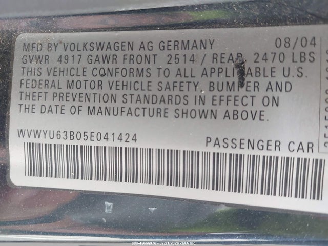 2005 Volkswagen Passat Glx მანქანა იყიდება აუქციონზე, vin: WVWYU63B05E041424, აუქციონის ნომერი: 45666976